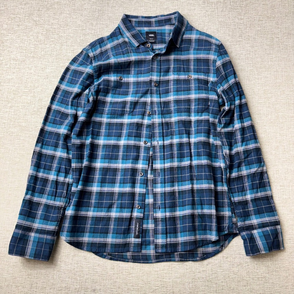 Vans Mens Flannel Mens Medium Tailored Fit Blue Plaid Long Sleeve Button Up